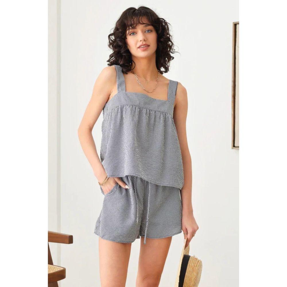 NWT Gilli Alexandra Gingham Tank and Short Set White Navy Large